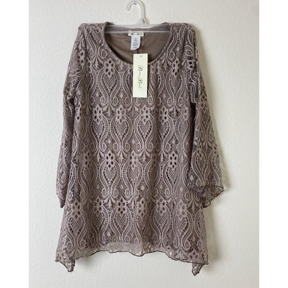Brittany Black Tan Lace Top Long Sleeve Scoop Neck Size Small NWT - Picture 3 of 5